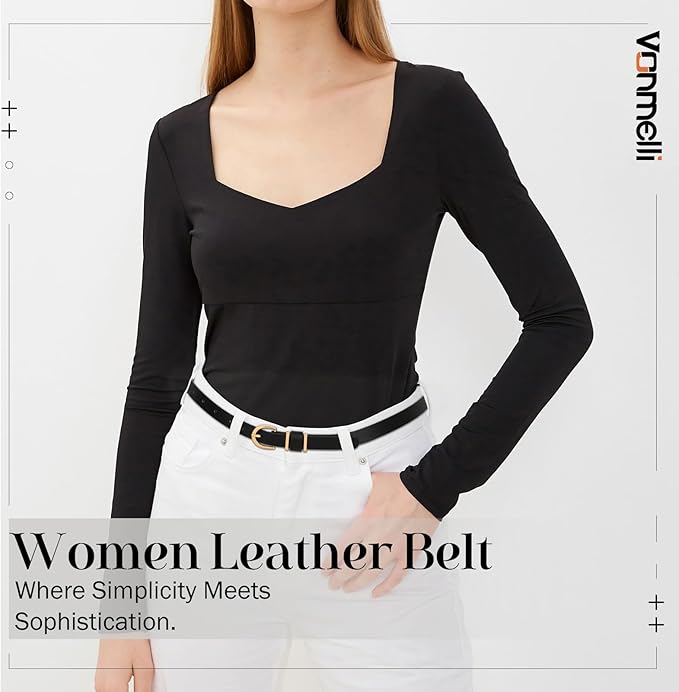 VONMELLI Womens Skinny Leather Belt Thin Waist Belts for Women Fashion Dress Jeans with Gold Buckle