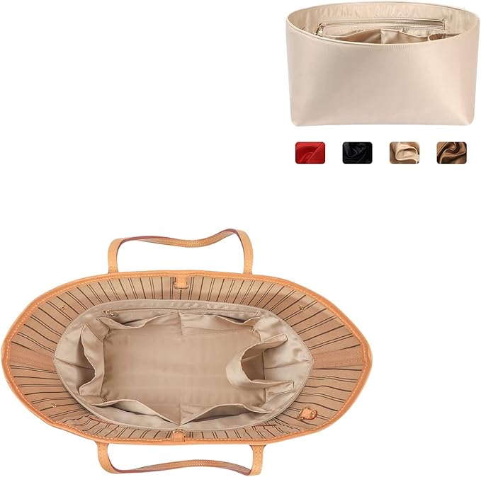 ZTUJO Purse Organizer Insert For Handbags, Silk Purse Organizer with Zipper, Silky Smooth, Bag Organizer For Speedy Neverfull Tote,onthego,Artsy, 6 Sizes (Slender Large, Silky Beige)