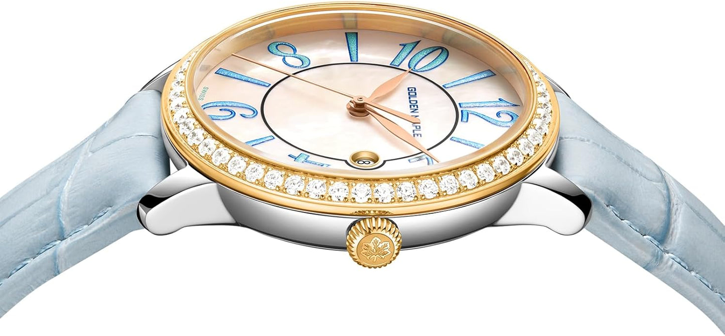 GOLDEN MAPLE Dainty Watches for Women, Mother-of-Pearl Dial and Swiss Quartz Movement, Ladies Watch with Leather Strap