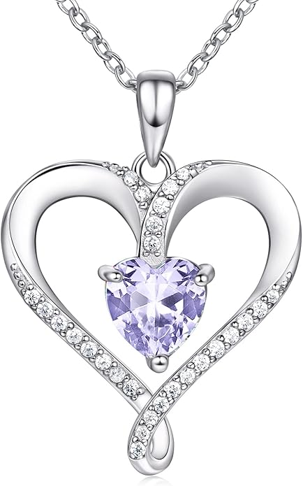 Birthstone Necklace for Women, 18K White Gold Heart Necklace Filled 925 Sterling Silver, Diamond Womens Jewelry Christmas Gifts for Women Wife