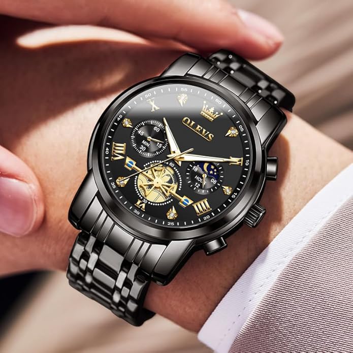 OLEVS Men Silver Watches,Men's Stainless Steel Chronograph Watch,Man Analog Quartz Big Face Male Watches Luxury Waterproof Roman Numeral Dress Diamond Relojes para Hombre