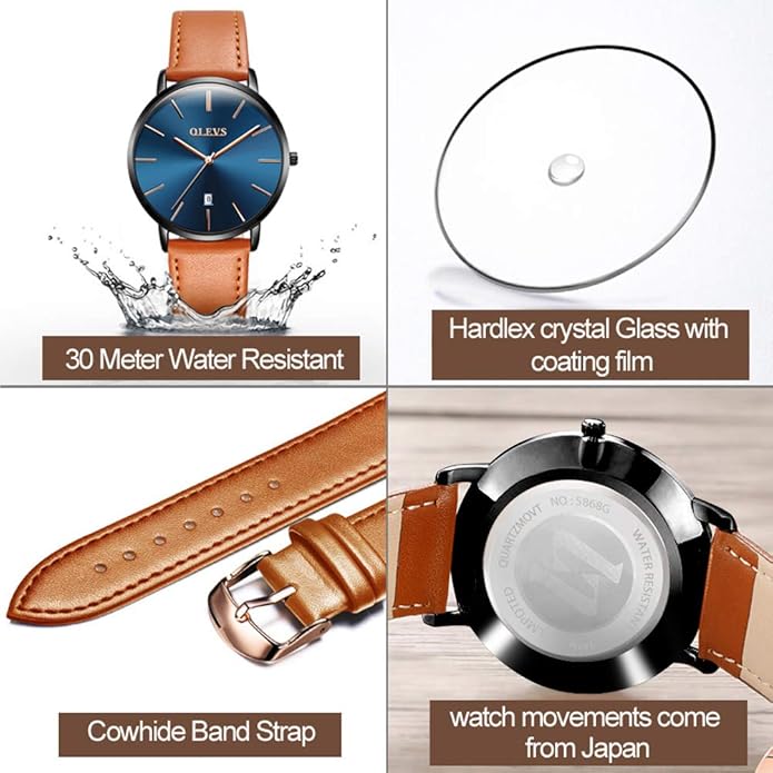 OLEVS Mens Watches Minimalist Ultra Thin Fashion Casual Analog Quartz Date Watch Waterproof Slim Simple Big Face Dress Wrist Watch Leather Band for Men