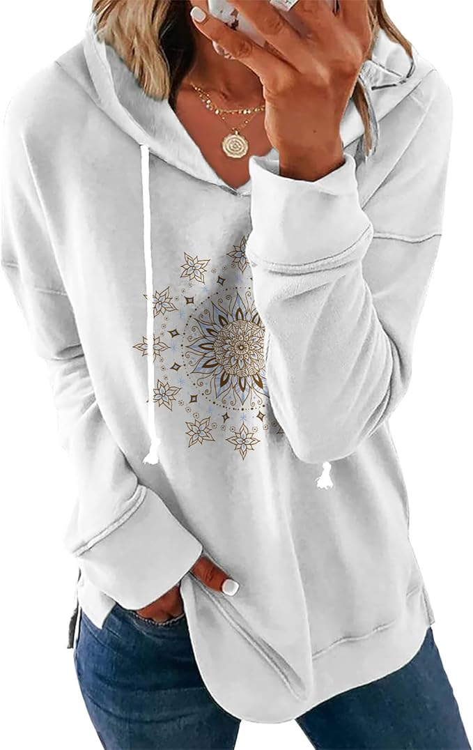 Women's Brown Mandala Print Hoodie Long Sleeve Loose Fit Pullover Sweatshirt With Drawstring For Fall Winter