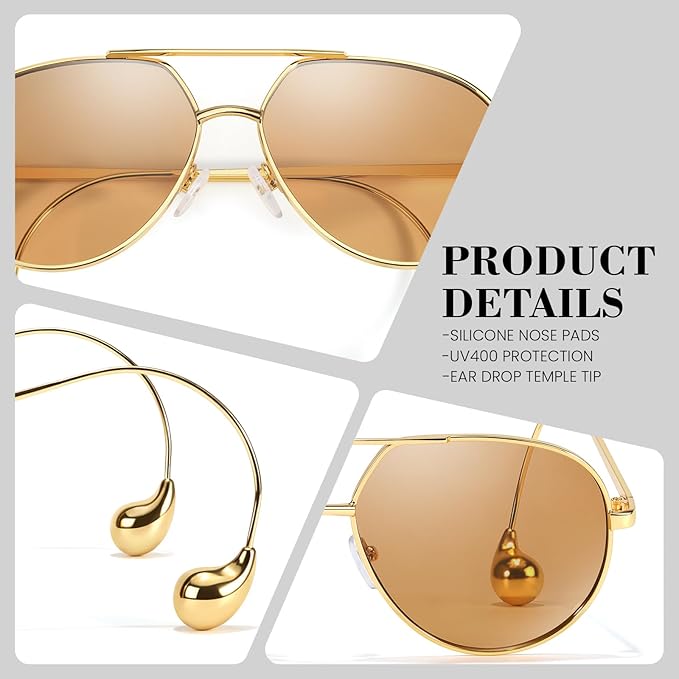 SODQW Trendy Aviator Sunglasses for Women with Earring Gold Metal Frame Fashion Sun Glasses