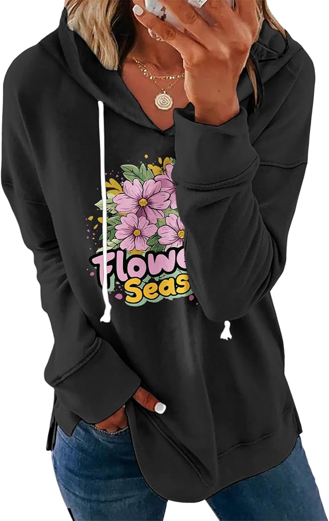 Womens Black Floral Print Hoodie Long Sleeve Cotton Blend Pullover Sweatshirt Loose Fit Casual Top For Everyday Wear