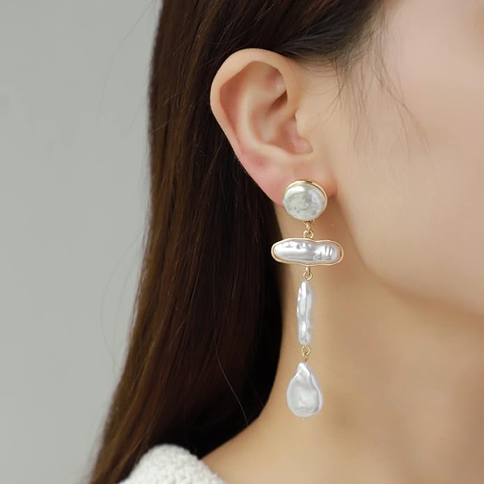 Statement Pearl Dangle Earrings,Gold and Large Pearl,Luxury Chandelier Organic Style Earrings