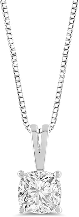 Everyday Elegance Solid 14K Gold Cubic Zirconia Solitaire Pendant Necklace for Women Heart, Princess, Round, Oval, Emerald, Pear & Cushion Cut 1 or 2 CTW | .60mm Thick 16" 18" Length Box Link Chain