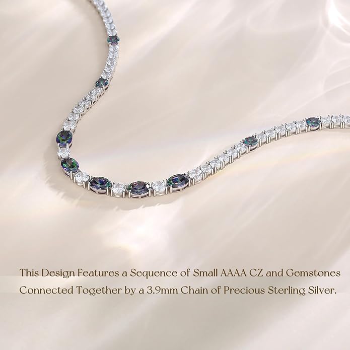 FANCIME Sterling Silver Tennis Necklace 4mm 18 inch Birthstone Necklace with 6 * 8mm Oval Gemstone Luxury Fine Birthday Jewelry Gifts for Women