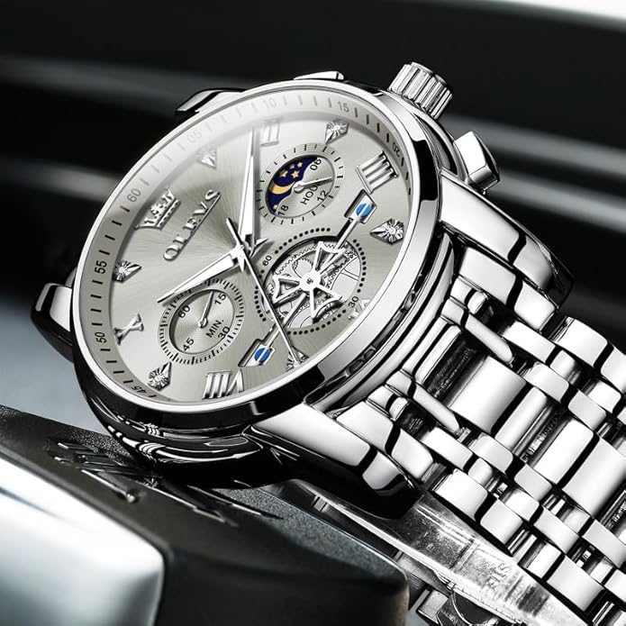 OLEVS Men Silver Watches,Men's Stainless Steel Chronograph Watch,Man Analog Quartz Big Face Male Watches Luxury Waterproof Roman Numeral Dress Diamond Relojes para Hombre