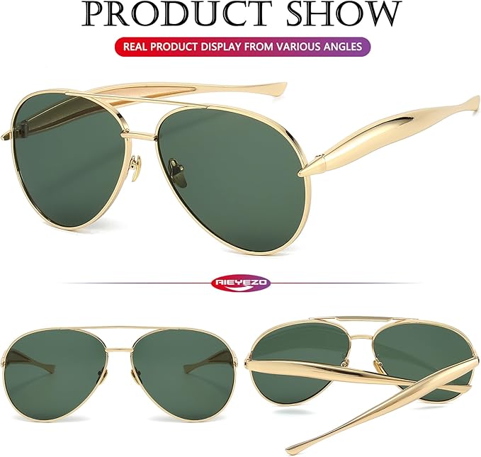 AIEYEZO Gold Aviator Sunglasses for Women Men Oversized Thick Frame Sun Glasses Fashion Retro Sardine Pilot Shades