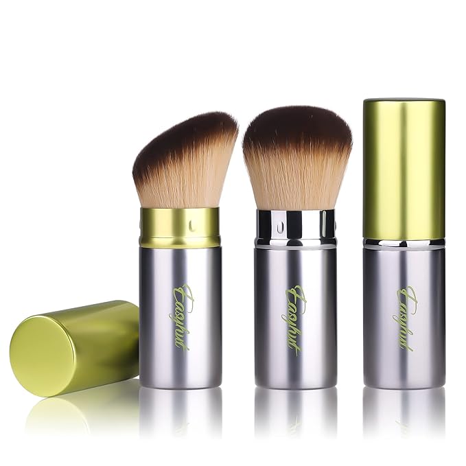 Retractable Kabuki Makeup Brushes 2 Pcs Blush Brushes Set Portable Powder Brushes with Flat and Angled Top for Liquid Cream Cosmetics Travel, large/1.18inch(Silver Green)