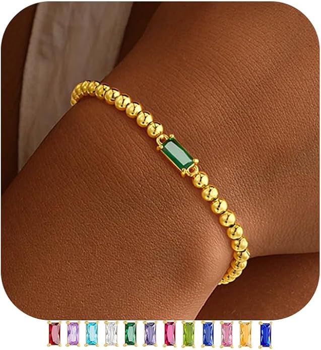 Yoosteel Dainty Birthstone Bracelet for Women - Elastic 14K-Gold-Plated Bead Bracelets Trendy Friendship Birthday Jewelry Gifts for Women