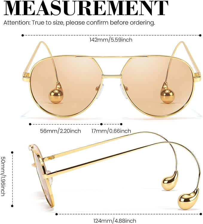 SODQW Trendy Aviator Sunglasses for Women with Earring Gold Metal Frame Fashion Sun Glasses