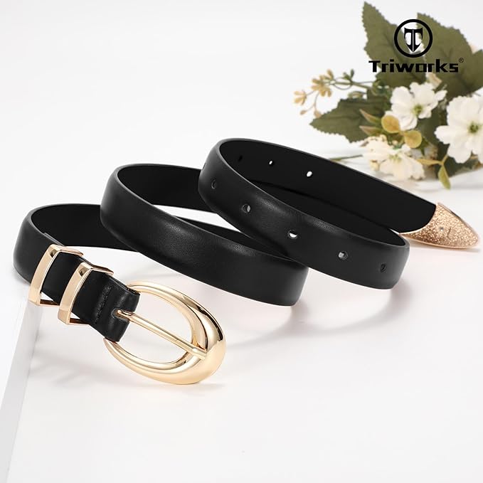 TRIWORKS Women Leather Belt for Jeans Pants Fashion Ladies Skinny Faux Leather Dress belt with Gold Buckle