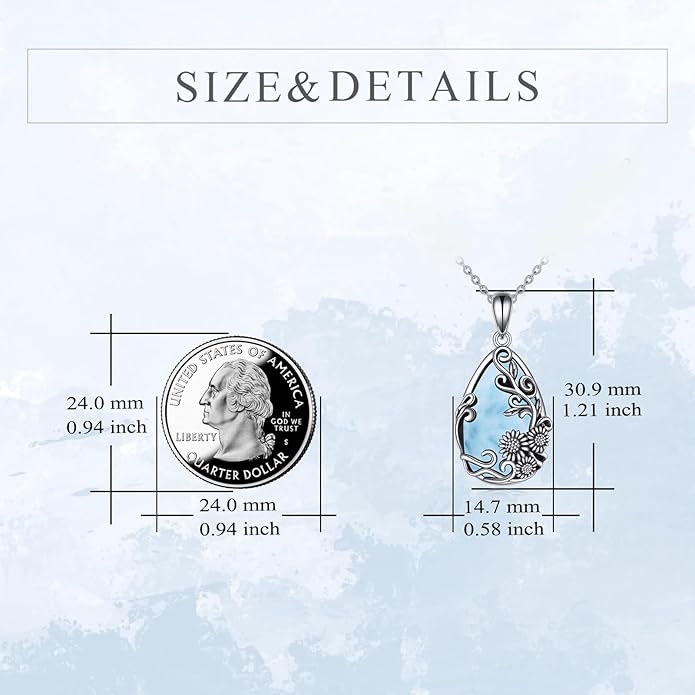 YFN Black Obsidian/Moonstone/Turquoise/Moss Agate Sunflower Filigree Teardrop Pendant Necklace Jewelry for Women - 925 Sterling Silver