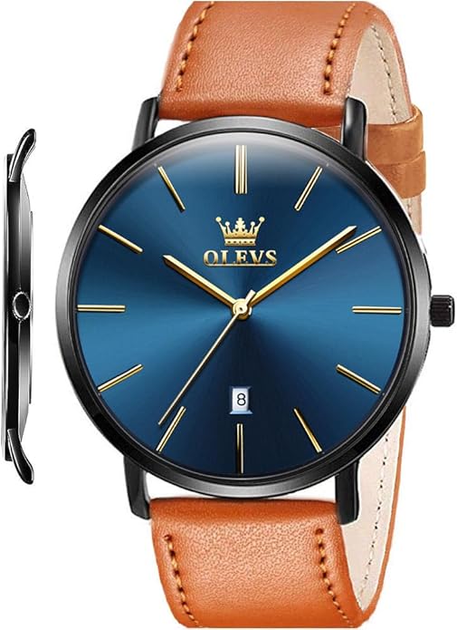 OLEVS Mens Watches Minimalist Ultra Thin Fashion Casual Analog Quartz Date Watch Waterproof Slim Simple Big Face Dress Wrist Watch Leather Band for Men
