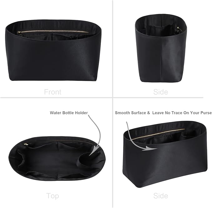 ZTUJO Purse Organizer Insert For Handbags, Silk Purse Organizer with Zipper, Silky Smooth, Bag Organizer For Speedy Neverfull Tote,onthego,Artsy, 6 Sizes (Slender Medium, Silky Black)