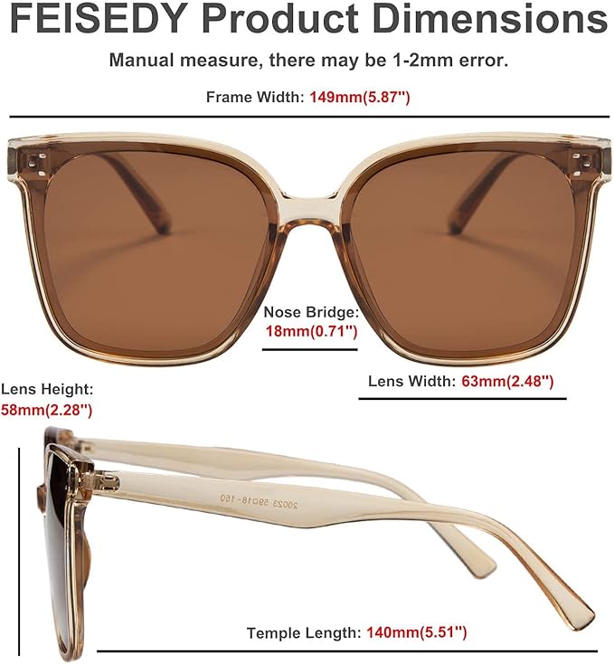 FEISEDY Oversized Polarized Sunglasses - UV400 Protection, Square Fashion Sun Glasses for Outdoor & Daily B2600
