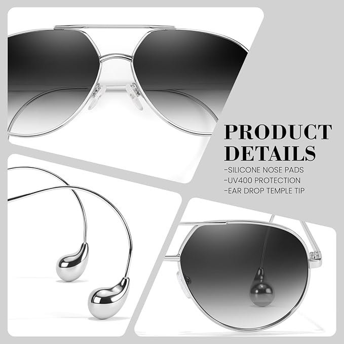 SODQW Trendy Aviator Sunglasses for Women with Earring Gold Metal Frame Fashion Sun Glasses