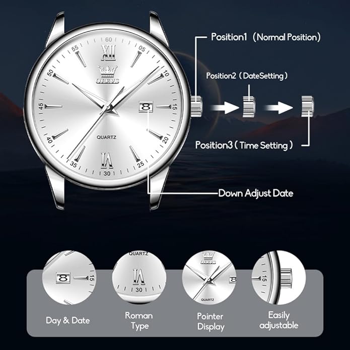 OLEVS Mens Watches Vintage Leather Band Dress Classic Easy Reader Arabic Numerals Analog Quartz Waterproof Date and Day Blue/Black/White Large Face Men's Wrist Watches