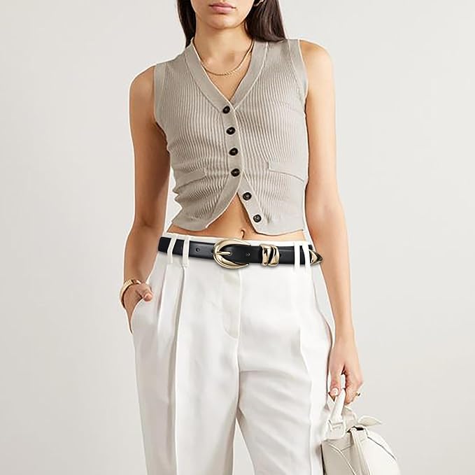Black Leather Belt for Women Stylish Design with Gold Buckle Ladies Black Belt Perfect for Jeans Dresses