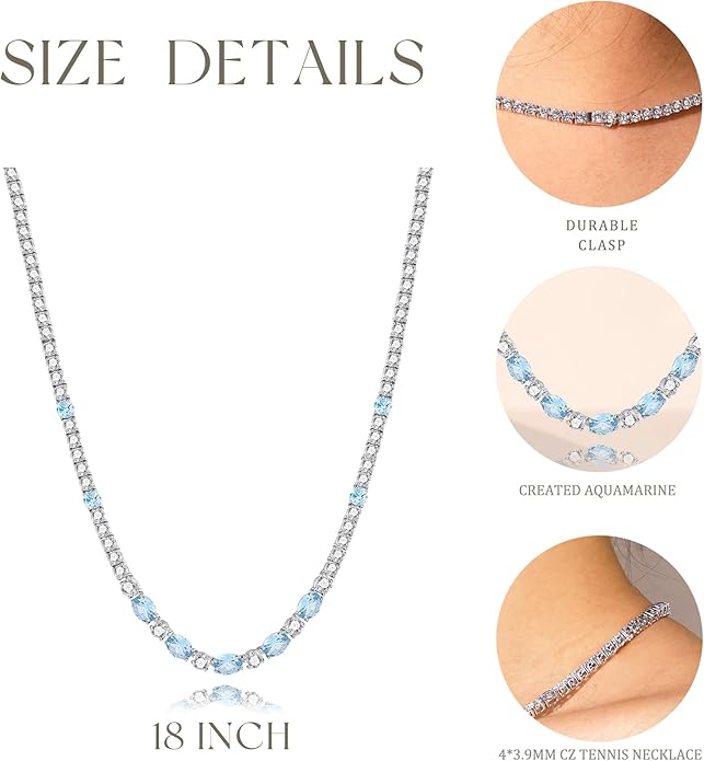 FANCIME Sterling Silver Tennis Necklace 4mm 18 inch Birthstone Necklace with 6 * 8mm Oval Gemstone Luxury Fine Birthday Jewelry Gifts for Women