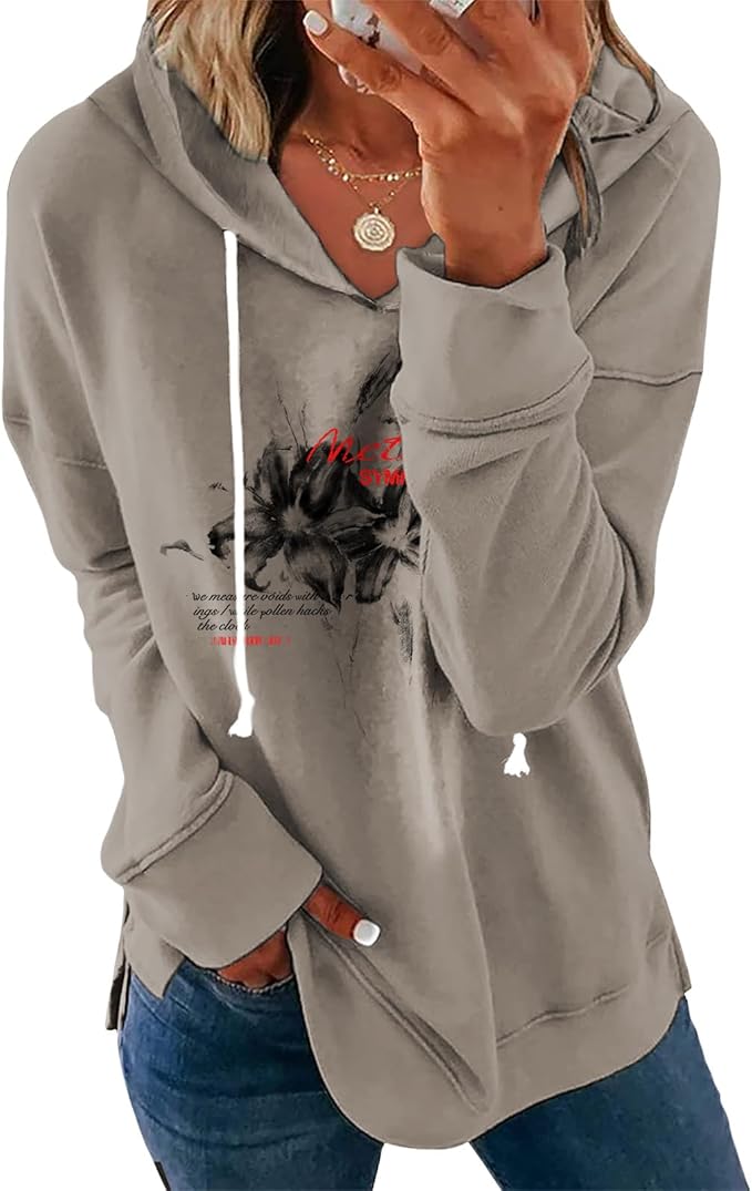 Womens Casual Loose Fit Pullover Sweatshirt with Artistic Print Drawstring Hood Long Sleeve Cotton Blend for Fall