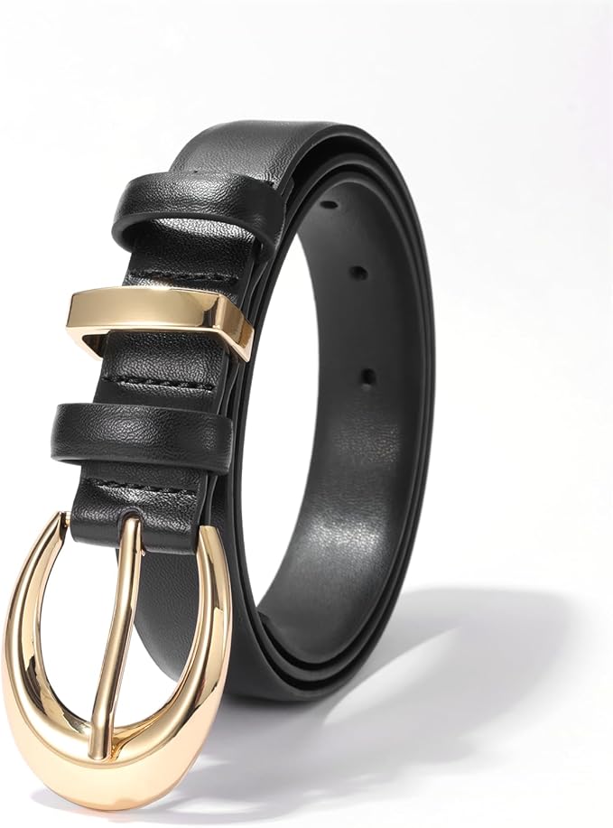Women's Cow Leather Belt for Jeans Pants Fashion Ladies Skinny Dress Waist belt with Gold Buckle