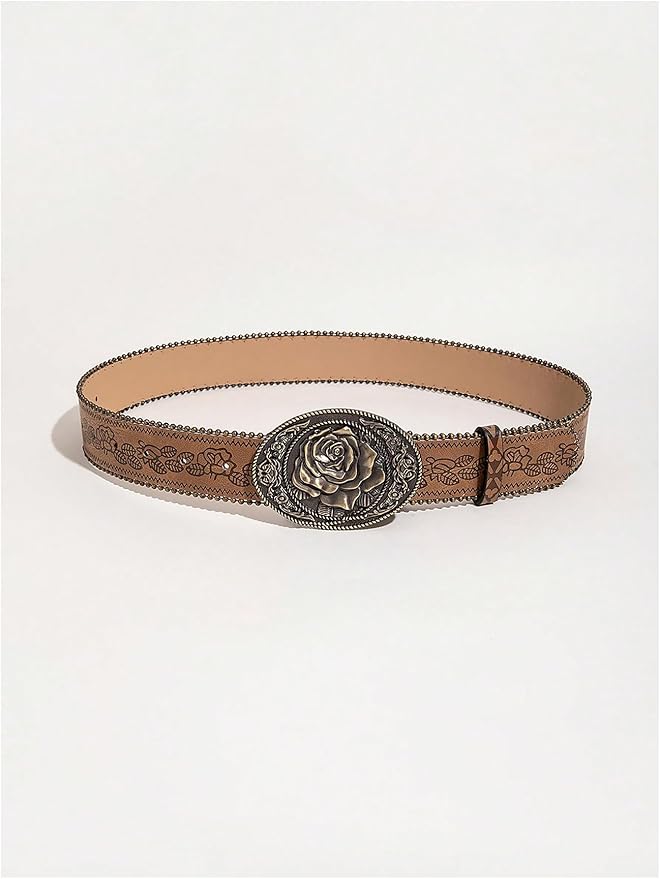 Women's Floral Embroidery Genuine Leather Belt Vintage Square Buckle