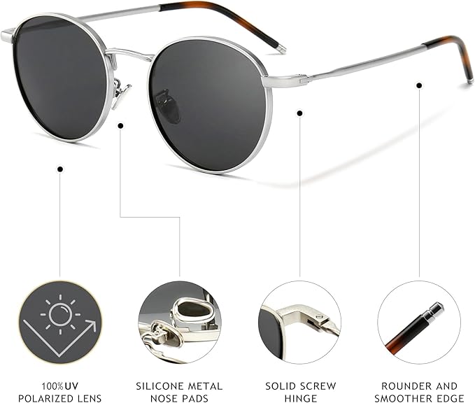 SUNGAIT Ponderable Metal Round Sunglasses for Men Women Classic Vintage Polarized Circle Sun Glasses