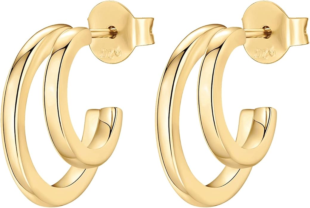 PAVOI 14K Gold Plated Multi Huggie Hoop Earrings for Women - 925 Sterling Silver Posts Triple Split Hoop Gold Earrings for Women - Trendy Fashion Jewelry