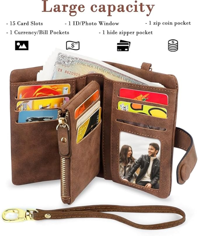 Women's Leather Wristlet Wallet, Bifold RFID Purse with ID Window, Zipper Coin Pocket for Daily Essentials (Brown)