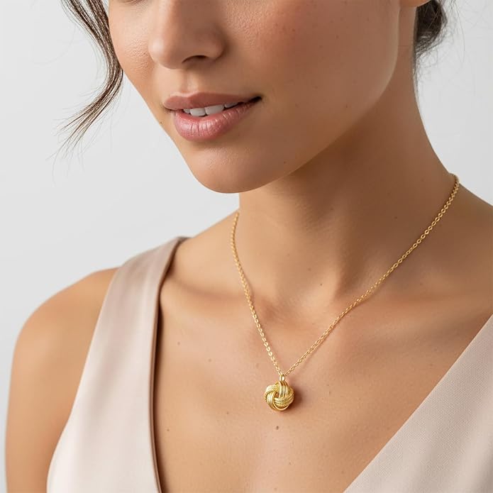 Gold Pendant Necklace 14K Gold Necklaces for Women Love Knot Necklace Artistic Knot Design with Stamped Textures Interlocking Circle Pendant Necklaces for Women Trendy