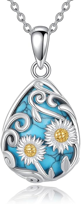 YFN Black Obsidian/Moonstone/Turquoise/Moss Agate Sunflower Filigree Teardrop Pendant Necklace Jewelry for Women - 925 Sterling Silver
