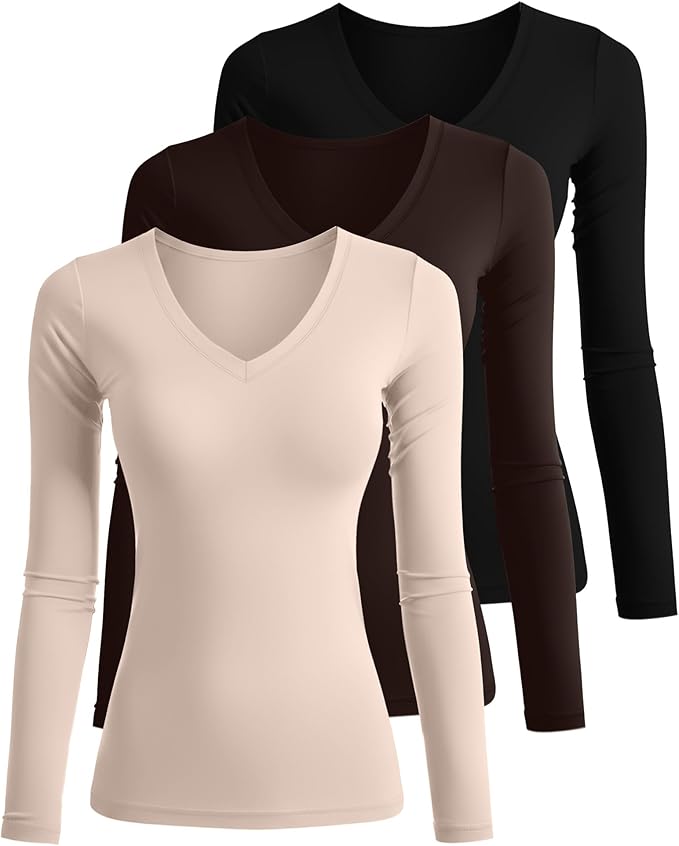 Ficerd 3 Pack Women's Long Sleeve Shirts, V Neck Basic Tees Slim Fitted Casual Fall Tops Going Out Blouses T Shirts