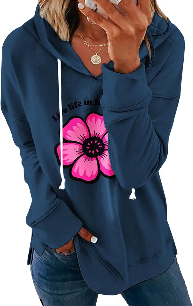 Womens Casual Loose Fit Pullover Sweatshirt with Artistic Print Drawstring Hood Long Sleeve Cotton Blend for Fall