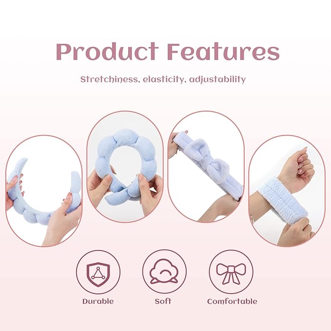 Puffy Spa Headband & Wristband Set – Sponge Makeup & Skincare Headband for Washing Face, Cute Present for Teenage Girls, Teen Girl Gifts, and Self-Care Essentials for Women