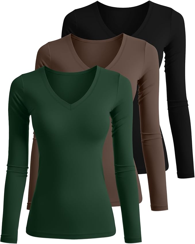 Ficerd 3 Pack Women's Long Sleeve Shirts, V Neck Basic Tees Slim Fitted Casual Fall Tops Going Out Blouses T Shirts