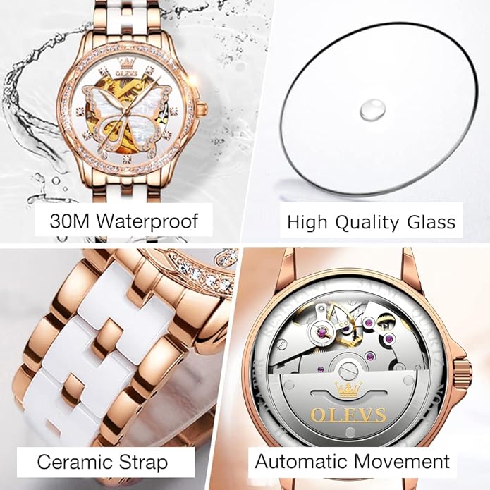 OLEVS Womens Automatic Watch, Premium Large Face Diamond Accented Self Winding Watches for Women, Fashion Waterproof Ladies Dress Watch, Two Tone Stainless Steel Ceramic Bracelet