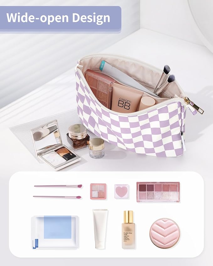 Narwey Small Checkered Makeup Bag for Purse Small Cosmetic Bag Women Travel Makeup Pouch Zipper Pouch (Purple Checkerboard)
