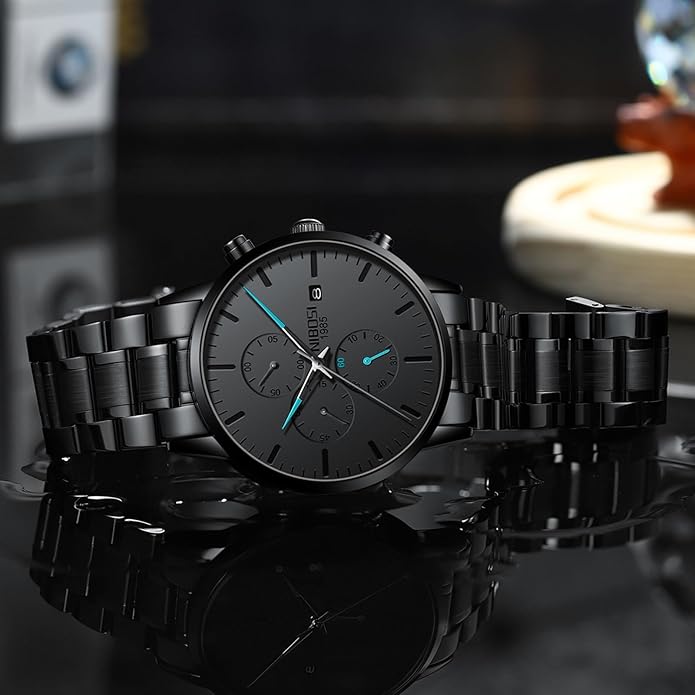 NIBOSI Men's Watches Analog Minimalist Black Dial Watches for Men Business Chronograph Military Casual Wrist Watches Stainless Steel Strap Date