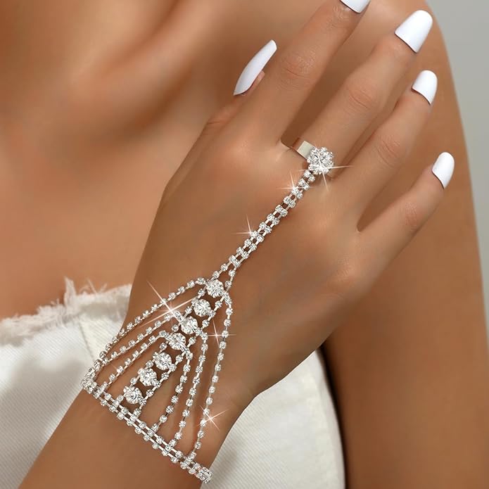 Sparkly Rhinestone Hand Chains Finger Ring Bracelets Silver Crystal Flower Chain Ring Bracelet Boho Hand Harness Chain Bracelet Wedding Party Prom Christmas Fashion Jewelry Accessories for Women