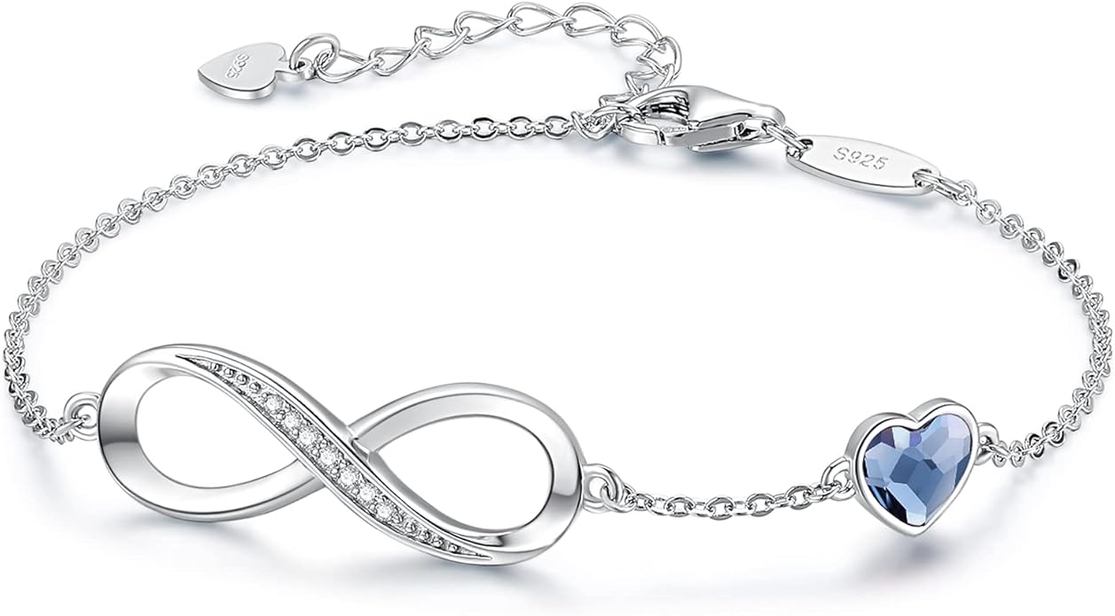 CDE Infinity Heart Birthstone Charm Link Bracelet for Women 925 Sterling Silver Adjustable Mother's Day Christmas Day Gift Anniversary Birthday Jewelry for Wife Girlfriend Her