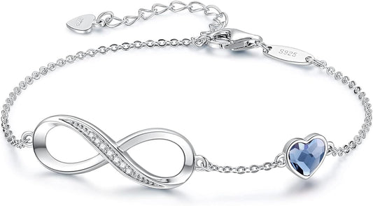 CDE Infinity Heart Birthstone Charm Link Bracelet for Women 925 Sterling Silver Adjustable Mother's Day Christmas Day Gift Anniversary Birthday Jewelry for Wife Girlfriend Her