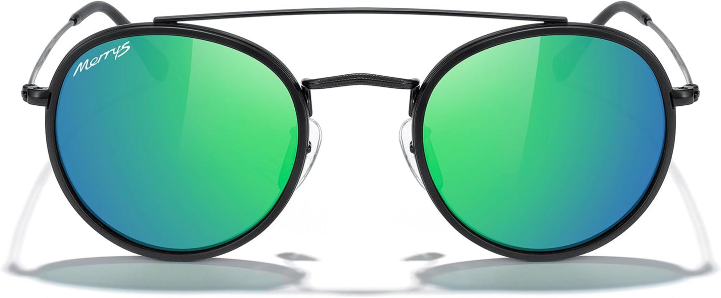 MERRY'S Retro Round Polarized Sunglasses - Unisex Double Bridge Sun Glasses