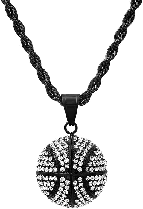 Basketball Necklace - 18K Plated Basketball Chain with Hoop for Men, Women, Teens - Gold, Silver & Black Color Options - Stainless Steel Sports Pendant with Simulated Diamond CZ Stones