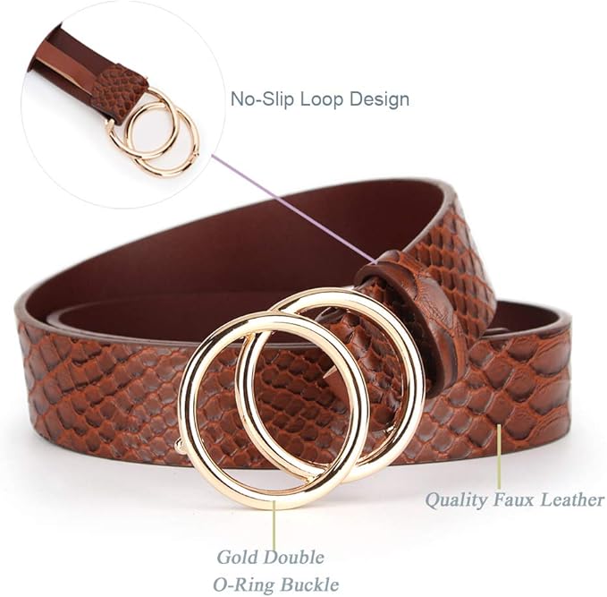 UnFader Pack 2 Women Belts for Jeans with Fashion Double O-Ring Buckle and Faux Leather