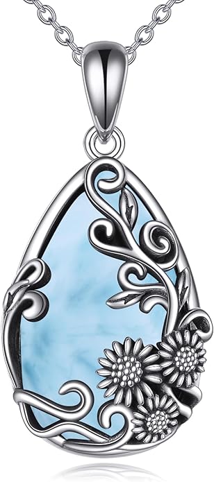 YFN Black Obsidian/Moonstone/Turquoise/Moss Agate Sunflower Filigree Teardrop Pendant Necklace Jewelry for Women - 925 Sterling Silver