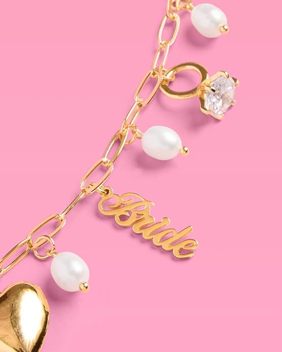 xo, Fetti Gold Bride Charm Necklace | Pearl Bachelorette Accessory, Rhinestone Bridal Jewelry, Bach Party Decorations, Bridesmaid Gift, Wedding Chain Choker