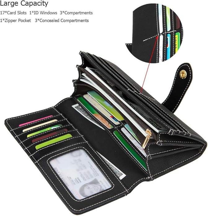 Women's Vegan Leather 17 Card Slots Card Holder Long Big Bifold Wallet